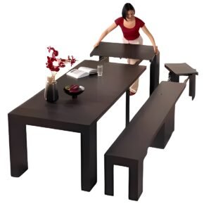 Mesa de Jantar Extensível em Madeira Maciça com Banco, Acomoda de 2 a 12 Pessoas (Mesa + Banco)